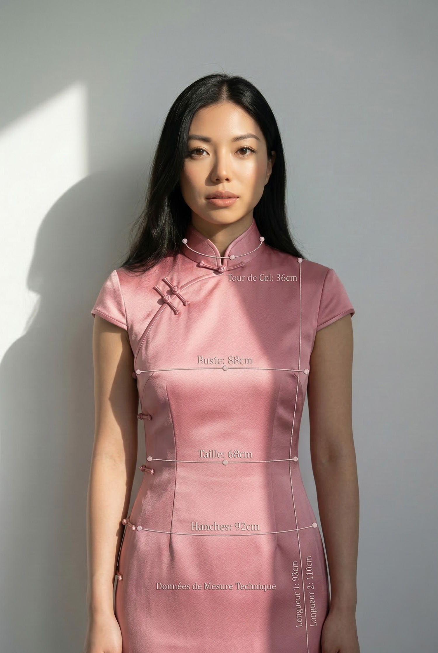 Technical diagram of a light pink qipao dress showing precise measurement overlays for bust, waist, and hip tailoring
