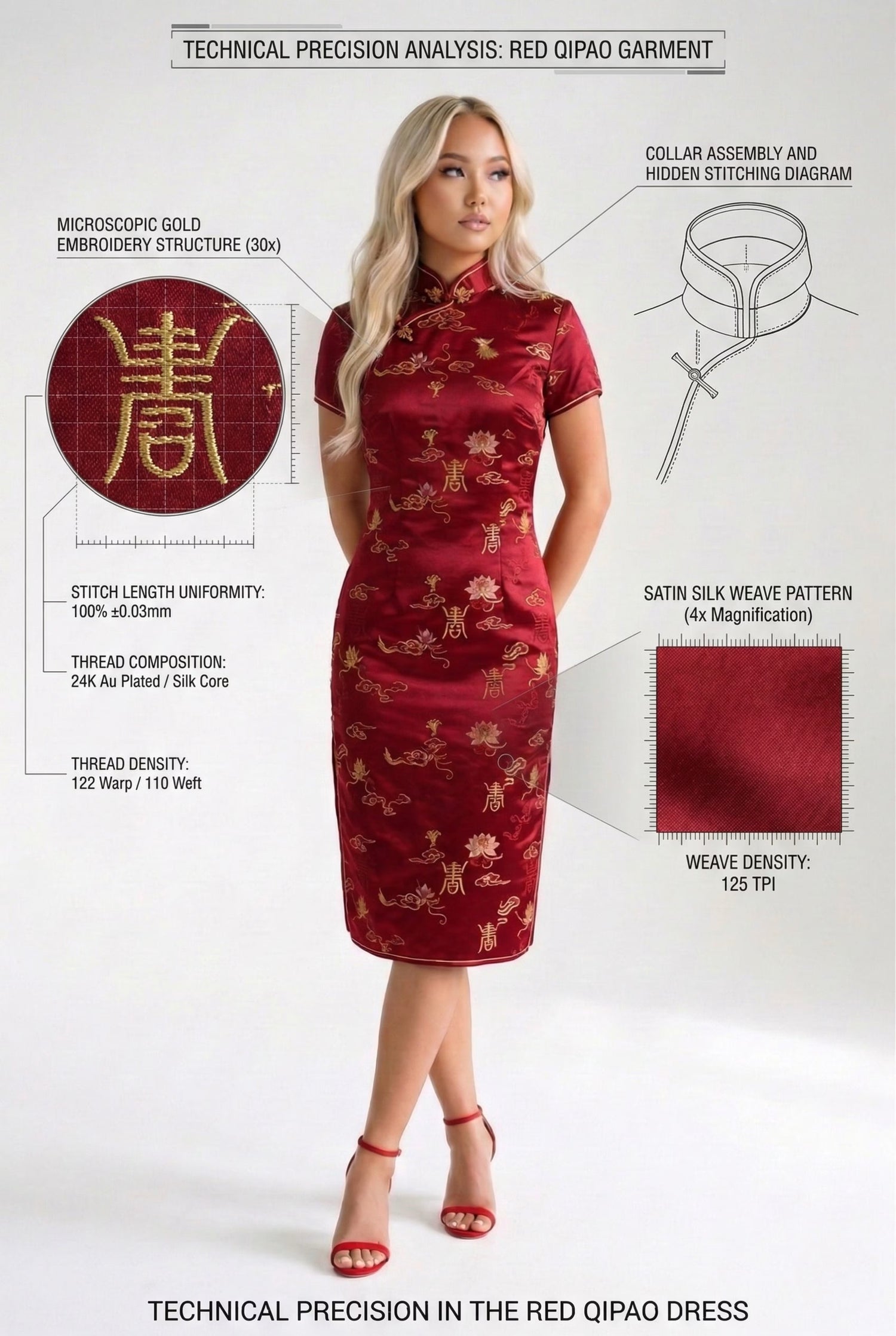 Technical diagram of a red Qipao dress illustrating non-stretch tailoring precision and intricate silk weave patterns