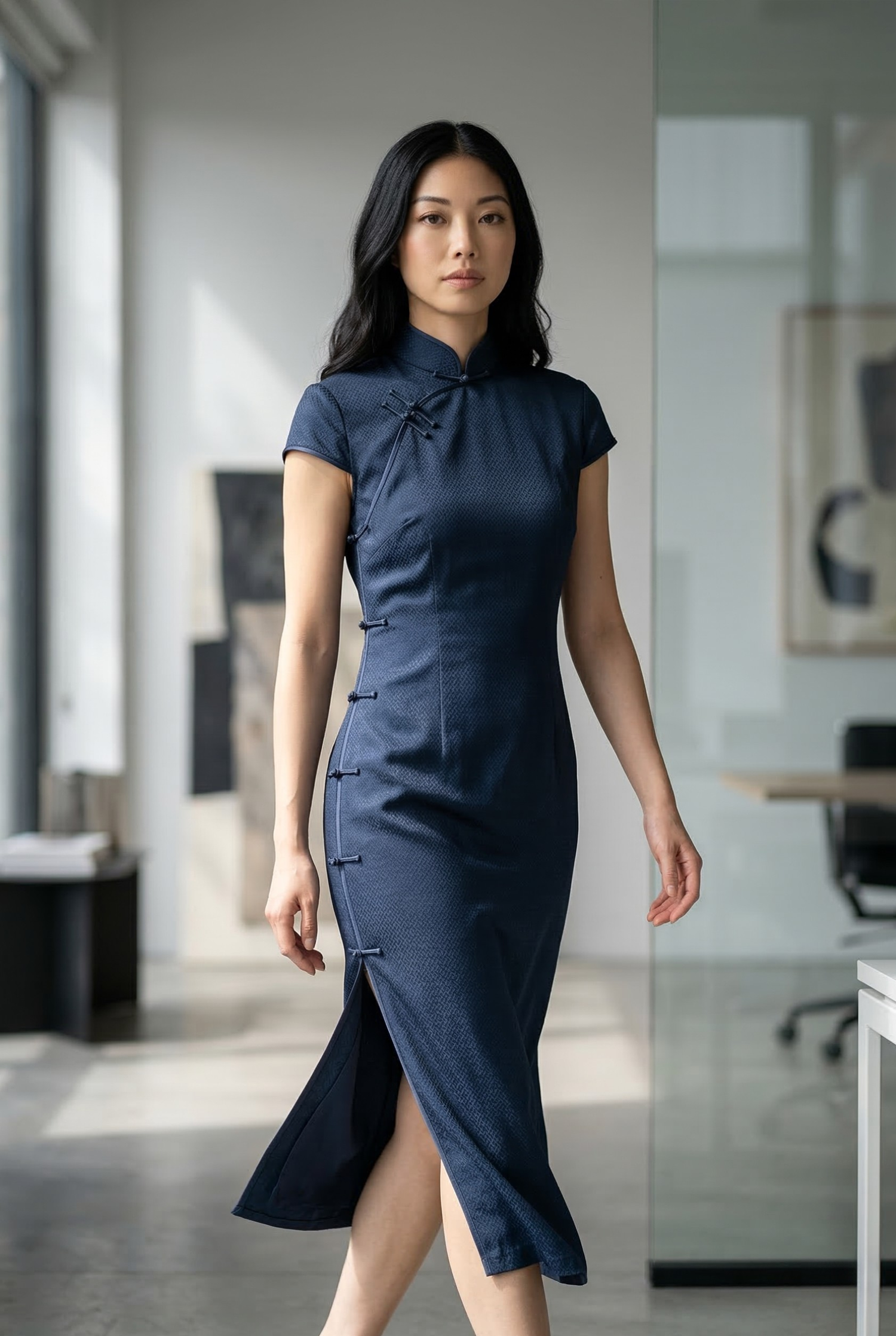 Modern navy blue qipao dress styled for a professional environment, featuring a signature Mandarin collar and side slit