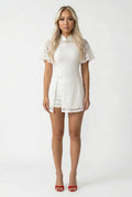 Full-length front view of an elegant white lace Qipao romper featuring a mandarin collar and short sleeves.