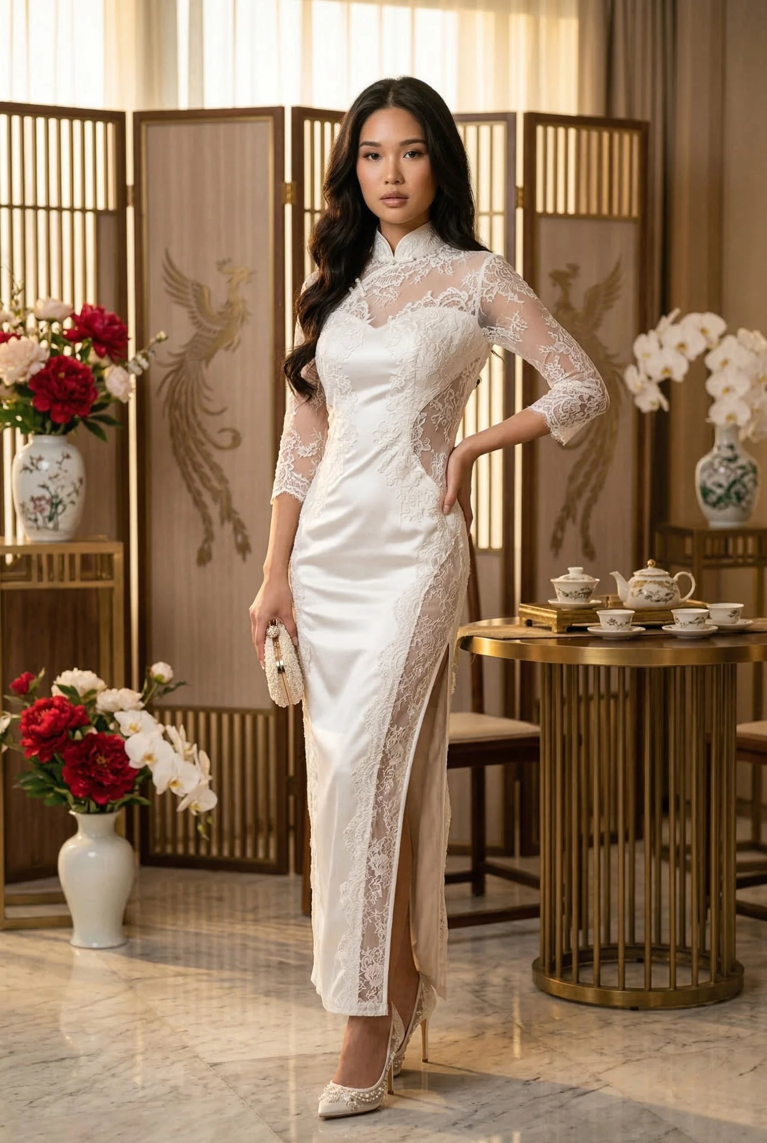 Elegant white lace qipao wedding dress with a sophisticated fit, designed by Maison Hua for traditional tea ceremonies and formal evening receptions