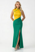 Maison Hua yellow and green sleeveless modern qipao, front view