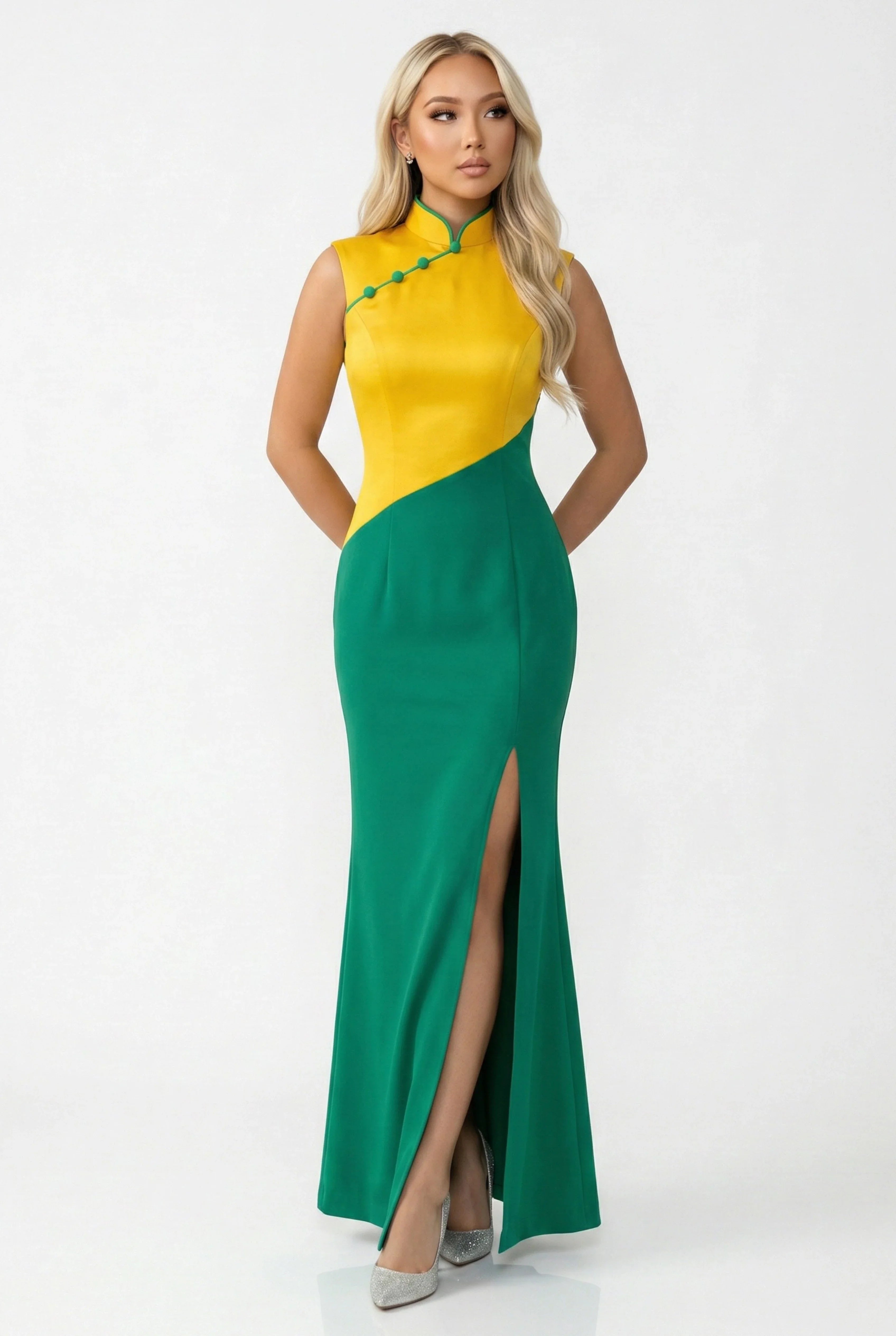Maison Hua yellow and green sleeveless modern qipao, front view