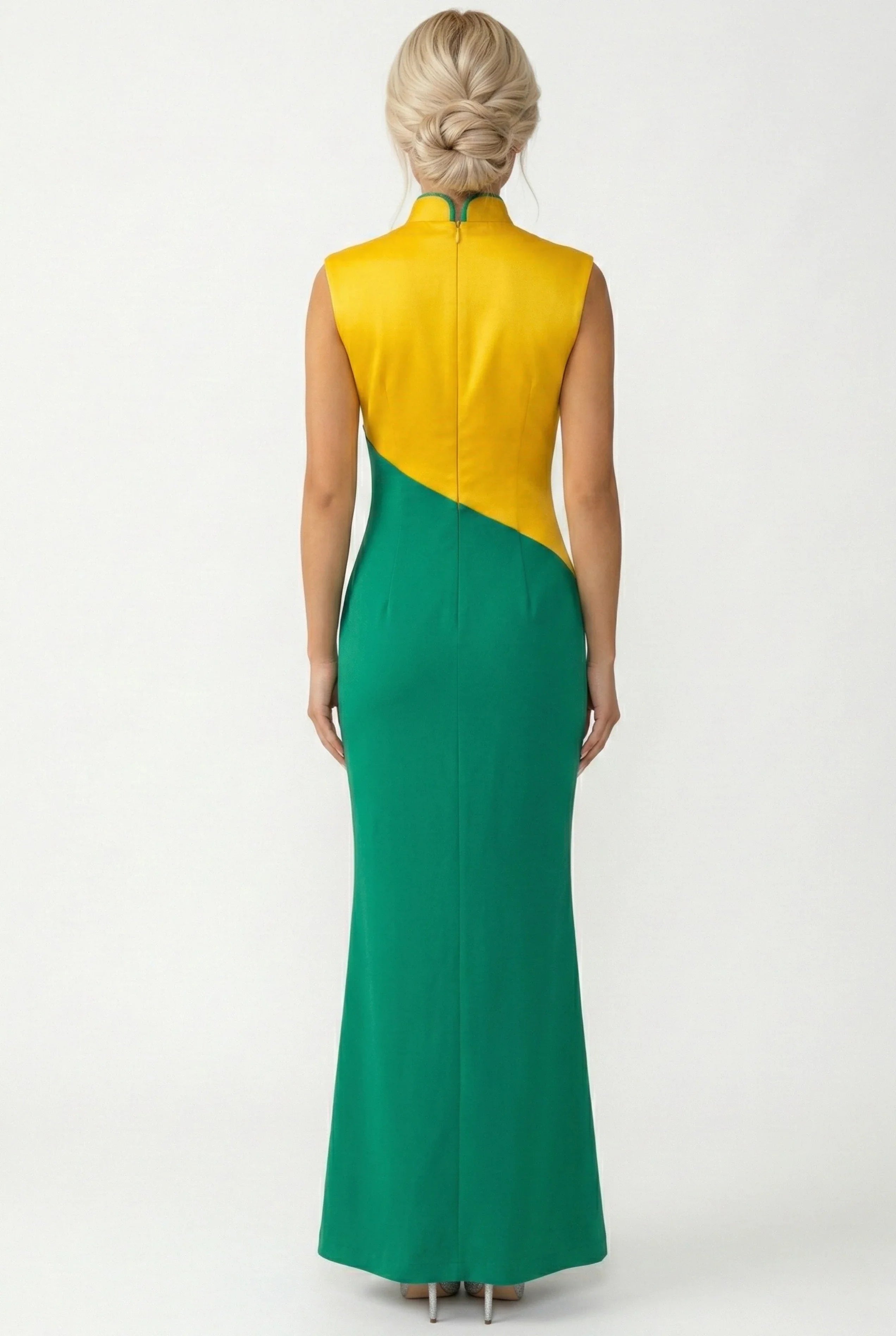 Maison Hua two-tone yellow and green cheongsam, back view